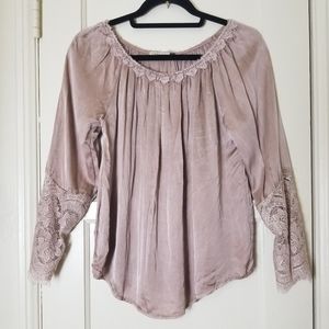 CARPE DIEM beige satin lace sleeve and neck L Blouse Italy